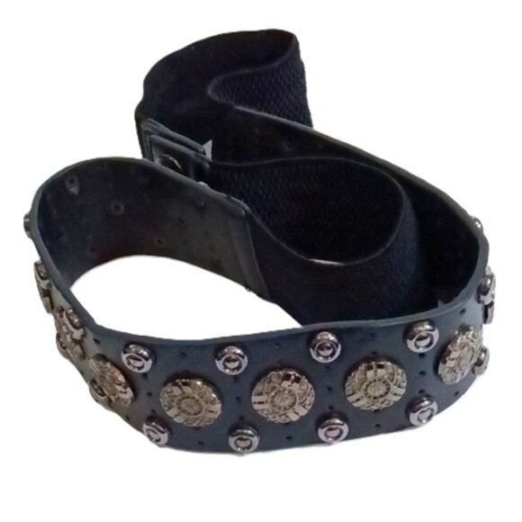 Unisex Snap On‎ Stretch and Leather Black Studded Belt Silver Accents Goth - Picture 1 of 6